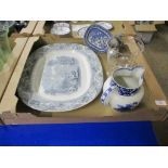 TRAY CONTAINING CERAMICS INCLUDING LARGE SERVING PLATTER AND A BLUE AND WHITE JUG