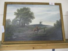 OIL PAINTING, MOUNTED FIGURE, GIRL AND DISTANT WINDMILL