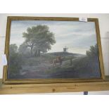 OIL PAINTING, MOUNTED FIGURE, GIRL AND DISTANT WINDMILL