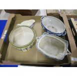 TRAY CONTAINING CERAMIC ITEMS, TUREENS, GRAVY BOAT, ETC