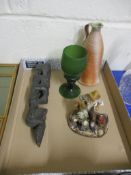 TRAY CONTAINING SMALL ART POTTERY CERAMIC JUG, LARGE VENETIAN STYLE WINE GLASS AND A POTTERY FIGURE