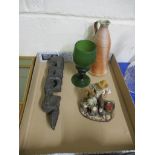 TRAY CONTAINING SMALL ART POTTERY CERAMIC JUG, LARGE VENETIAN STYLE WINE GLASS AND A POTTERY FIGURE