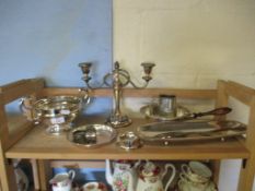 QUANTITY OF SILVER PLATED ITEMS INCLUDING CANDELABRA, PRESENTATION VASE ETC