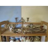 QUANTITY OF SILVER PLATED ITEMS INCLUDING CANDELABRA, PRESENTATION VASE ETC