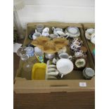 CERAMIC WARES INCLUDING TEA WARES AND SOME GLASS WARES AND SMALL CIRCULAR WEDGWOOD BOX AND COVER