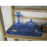 GLASS DRESSING TABLE SET CONTAINING RING TRAY, GLASS JAR AND COVER AND ASHTRAY ON A TRAY