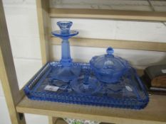 GLASS DRESSING TABLE SET CONTAINING RING TRAY, GLASS JAR AND COVER AND ASHTRAY ON A TRAY