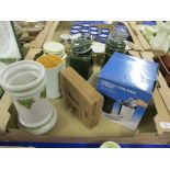 TRAY CONTAINING POTTERY WARES INCLUDING AN ART POTTERY VASE, JUG AND THREE POTTERY JARS WITH COVERS