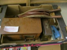 BOX CONTAINING A PAIR OF BELLOWS AND OLD WOODEN RADIO