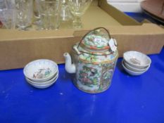 CANTONESE FAMILLE ROSE TEA POT AND COVER WITH WIRE HANDLE AND QUANTITY OF SMALL TEA BOWLS