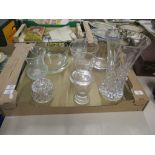 TRAY CONTAINING CUT GLASS AND CERAMIC ITEMS INCLUDING VASES AND BOWLS