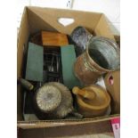 BOX CONTAINING METAL WARES INCLUDING PLATED TEA POT, COPPER URNS AND WOODEN BOX