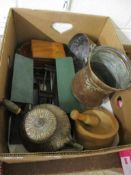 BOX CONTAINING METAL WARES INCLUDING PLATED TEA POT, COPPER URNS AND WOODEN BOX