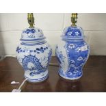 TWO MODERN ORIENTAL BLUE AND WHITE TABLE LAMPS, 35CM HIGH