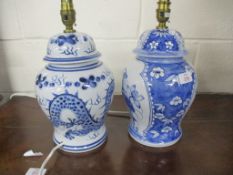 TWO MODERN ORIENTAL BLUE AND WHITE TABLE LAMPS, 35CM HIGH