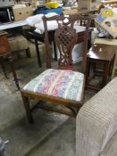 OAK CHIPPENDALE STYLE DINING CHAIR, STRIPED UPHOLSTERED SEAT