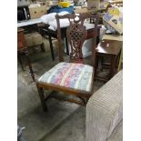 OAK CHIPPENDALE STYLE DINING CHAIR, STRIPED UPHOLSTERED SEAT