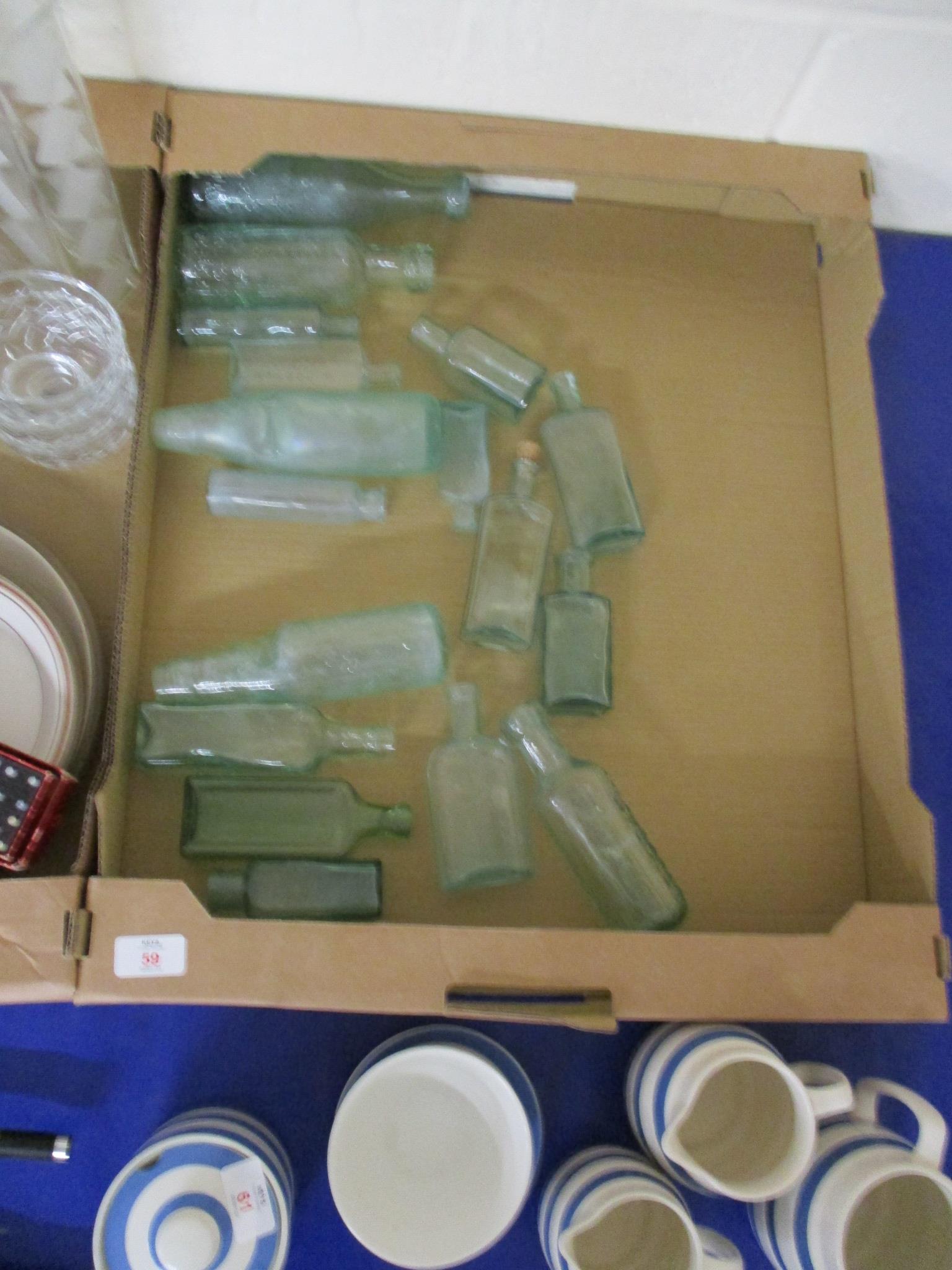 TWO TRAYS OF GLASS BOTTLES AND ASSORTED CERAMIC ITEMS