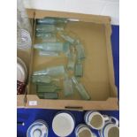 TWO TRAYS OF GLASS BOTTLES AND ASSORTED CERAMIC ITEMS