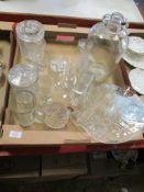 TRAY CONTAINING GLASS WARES INCLUDING LARGE GLASS JAR, TWO FURTHER JARS AND COVERS