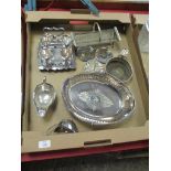 BOX CONTAINING SILVER PLATED WARES INCLUDING EGG CUPS AND HOLDER AND GEORGIAN STYLE GRAVY BOAT