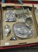 BOX CONTAINING SILVER PLATED WARES INCLUDING EGG CUPS AND HOLDER AND GEORGIAN STYLE GRAVY BOAT