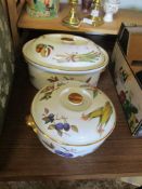 TWO TUREENS AND COVERS BY ROYAL WORCESTER DECORATED WITH PRINTS OF VEGETABLES