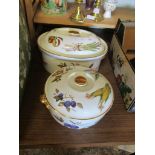 TWO TUREENS AND COVERS BY ROYAL WORCESTER DECORATED WITH PRINTS OF VEGETABLES