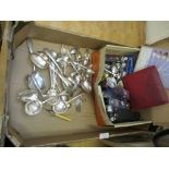 BOX MISC SILVER PLATED SPOONS AND FORKS INC