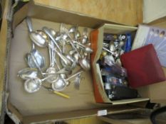 BOX MISC SILVER PLATED SPOONS AND FORKS INC