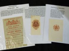 Stamp duties: 3 items - almanac proof, 1/3d circa 1813, newspaper proof 4d and unused post-horse