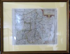 SAXTON/KIPP: CAMBRIDGE, engraved hand coloured map circa 1637, approx 280 x 315mm, framed and