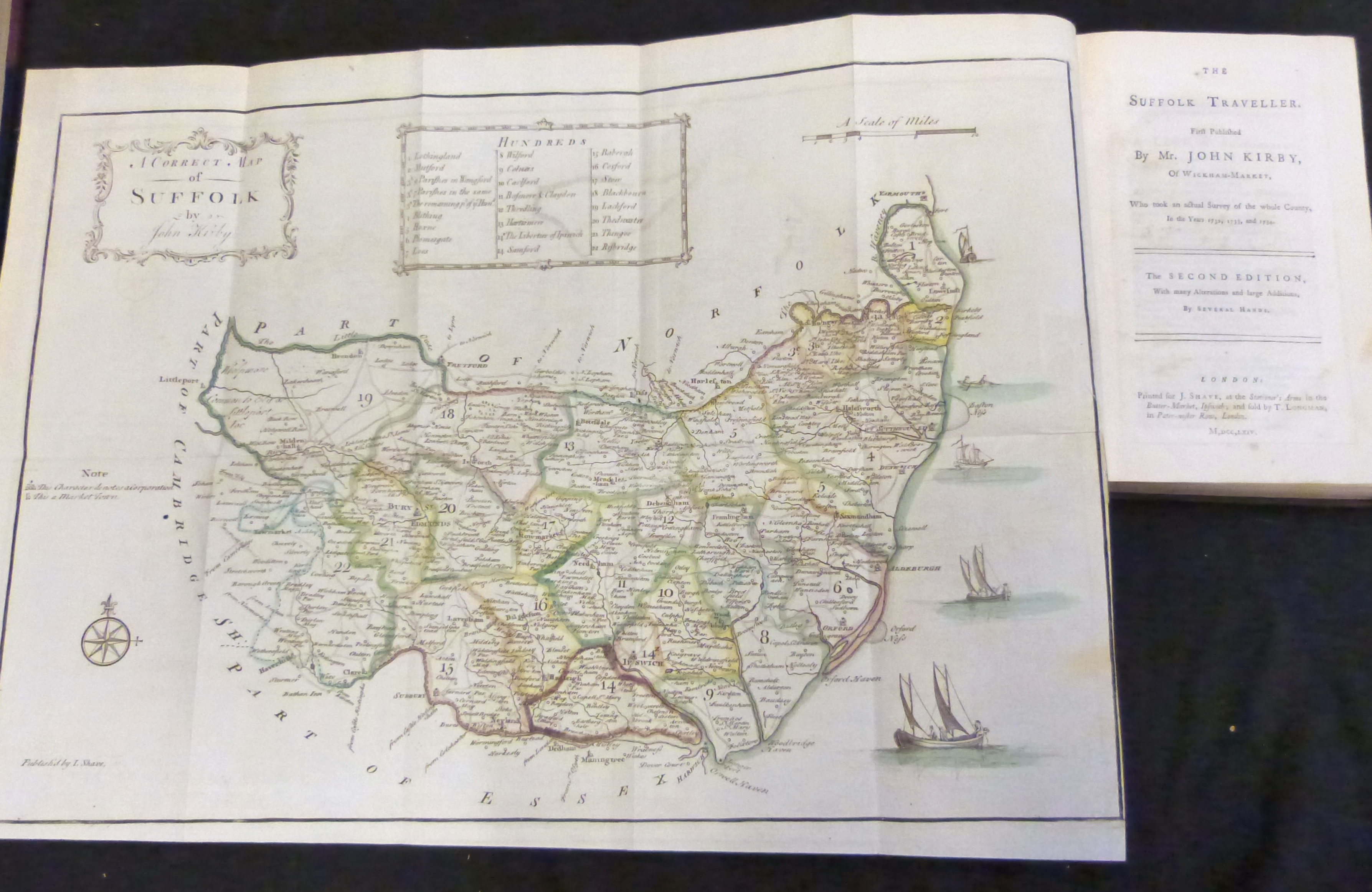 JOHN KIRBY: THE SUFFOLK TRAVELLER..., London, J Shave, 1764, 2nd edition, 5 engraved folding maps as - Image 3 of 4