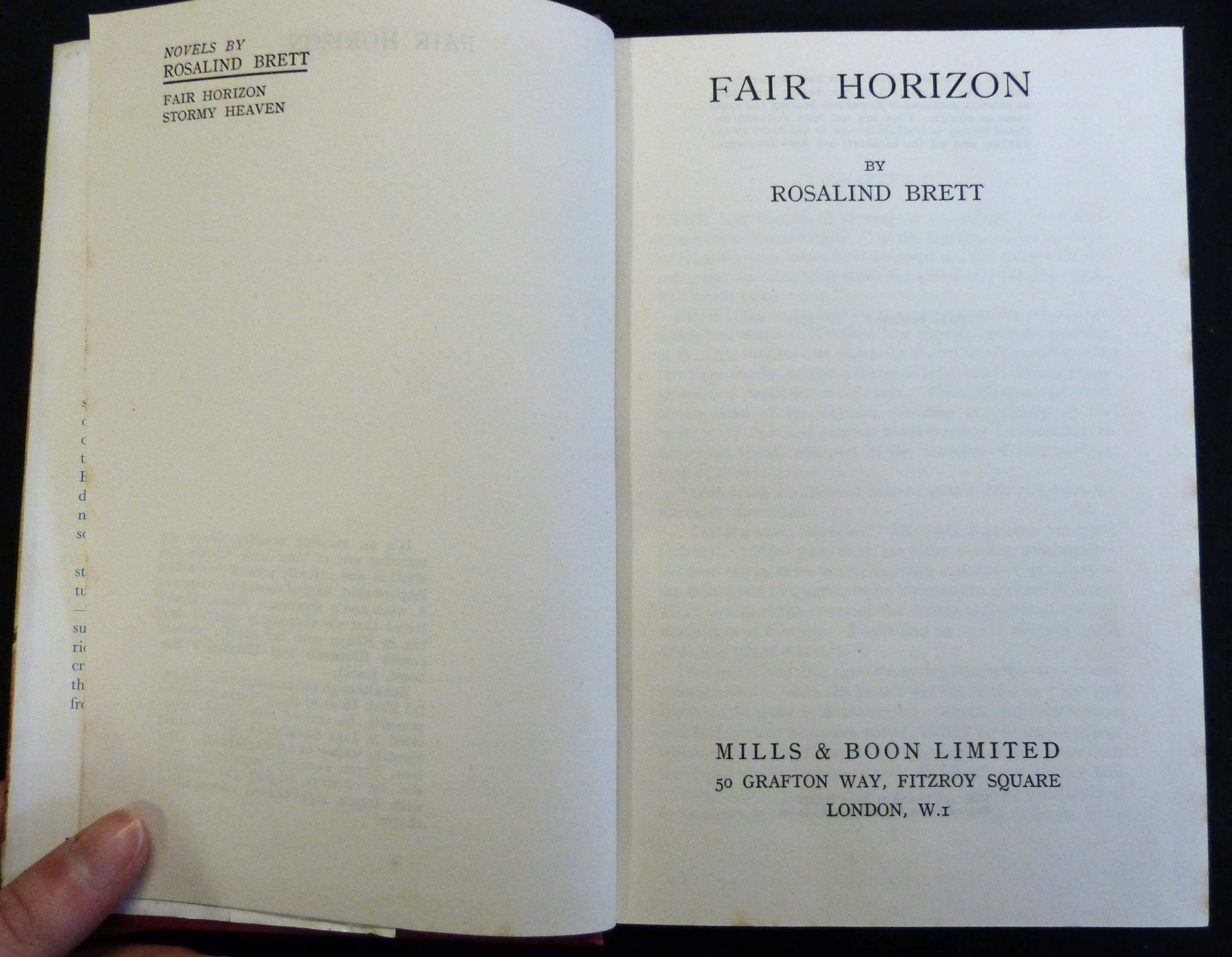 ROSALIND BRETT: A FAIR HORIZON, London, Mills & Boon, 1952, 1st edition, original cloth, d/w - Image 2 of 2