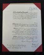 1991 Warrant Companion of the Order of Bath, signed by Prince Charles and with printed signature
