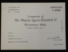 1953 Coronation of Her Majesty Queen Elizabeth II unissued "Special" admission card, Westminster