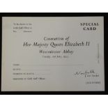 1953 Coronation of Her Majesty Queen Elizabeth II unissued "Special" admission card, Westminster