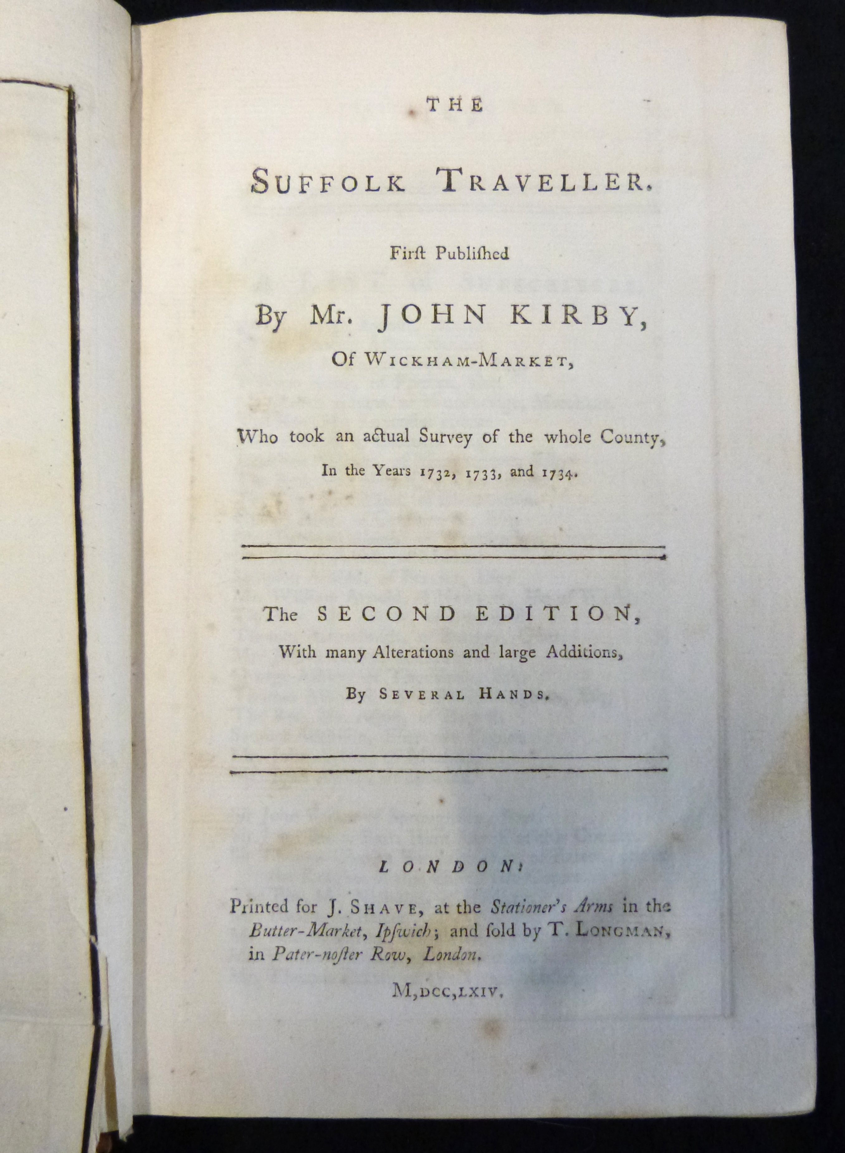 JOHN KIRBY: THE SUFFOLK TRAVELLER..., London, J Shave, 1764, 2nd edition, 5 engraved folding maps as