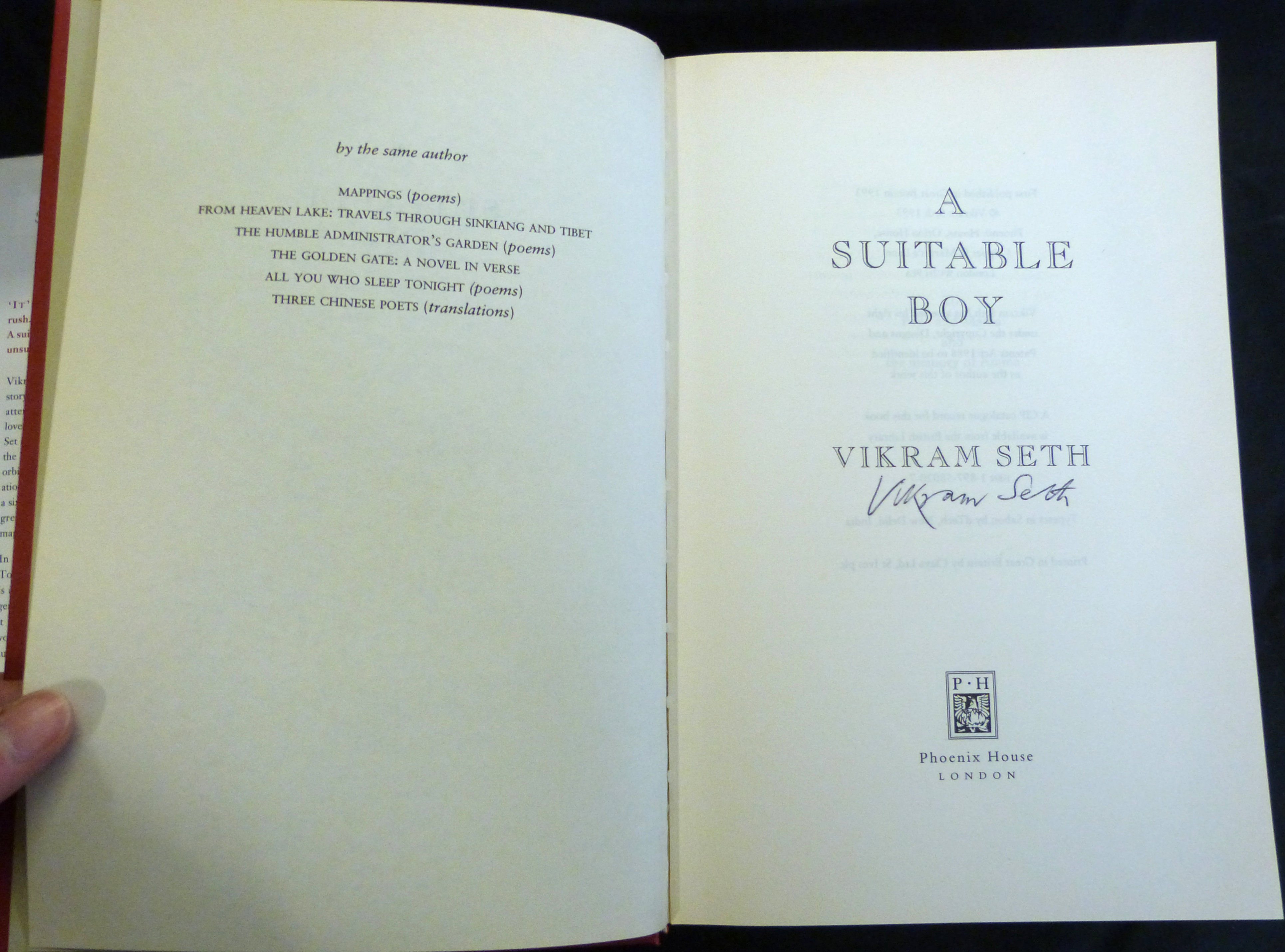 VIKRAM SETH: A SUITABLE BOY, London, Phoenix House, 1993, 1st edition, signed, original cloth, d/ - Image 2 of 2