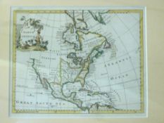 THOMAS JEFFERYS: NORTH AMERICA, engraved hand coloured map circa 1750, approx 180 x 225mm, framed