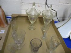 TRAY CONTAINING GLASS WARES INCLUDING TWO GLASS JARS AND COVERS