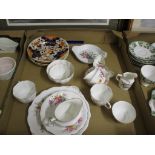 TRAY CONTAINING ROYAL CROWN DERBY TEA WARES AND 19TH CENTURY DERBY JAPAN PATTERN PLATES