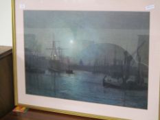 MODERN COLOURED PRINT DEPICTING A MOONLIGHT HARBOUR SCENE