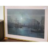 MODERN COLOURED PRINT DEPICTING A MOONLIGHT HARBOUR SCENE