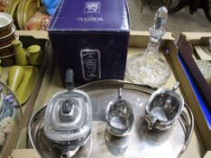 TRAY CONTAINING PLATED TEA POT, MILK JUG AND SUGAR BOWL TOGETHER WITH EDINBURGH CRYSTAL DECANTER