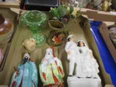 BOX OF STAFFORDSHIRE FIGURE GROUP, TWO ORIENTAL FIGURES AND SOME GREEN GLASS WARES