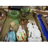 BOX OF STAFFORDSHIRE FIGURE GROUP, TWO ORIENTAL FIGURES AND SOME GREEN GLASS WARES