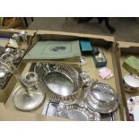 TRAY CONTAINING QUANTITY OF SILVER PLATED ITEMS INCLUDING CANDELABRA, LARGE FRUIT BOWL ETC