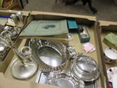 TRAY CONTAINING QUANTITY OF SILVER PLATED ITEMS INCLUDING CANDELABRA, LARGE FRUIT BOWL ETC