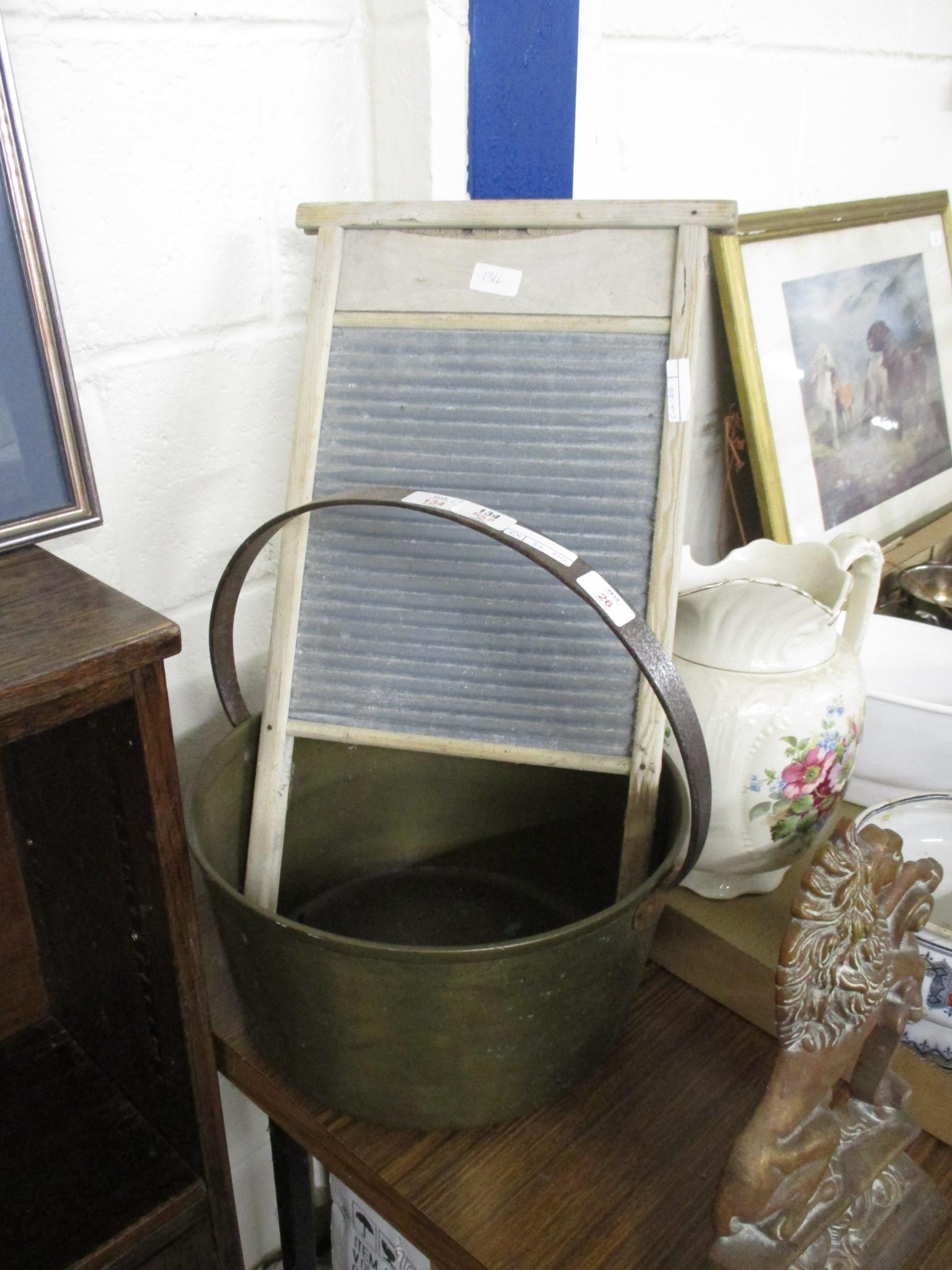 BRONZED METAL BUCKET WITH WOODEN WASHBOARD